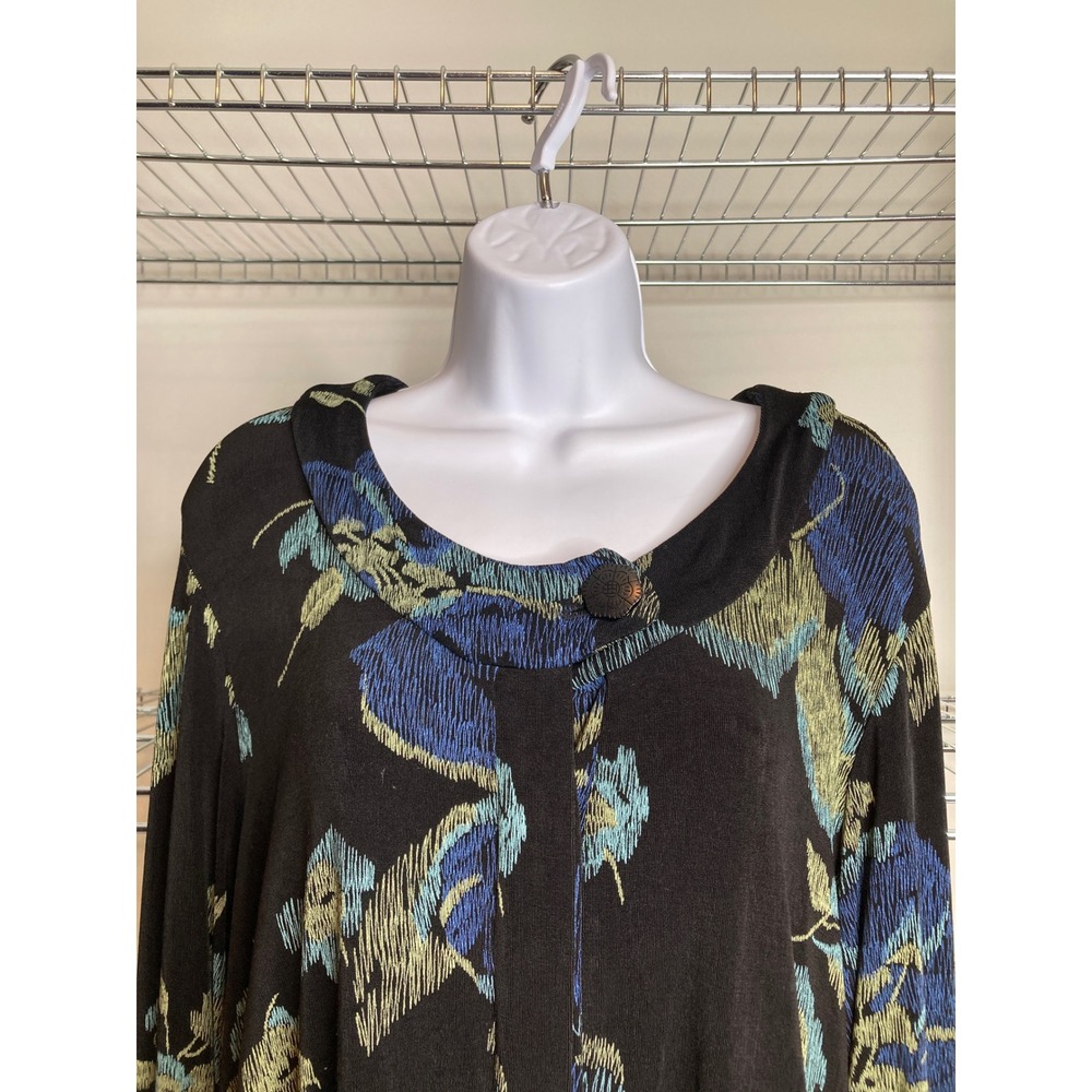 Fiber Arts Womens Liquid Knit Black Blue Dark Floral Blouse Est Sz 3X‎ Flowy - Picture 6 of 11